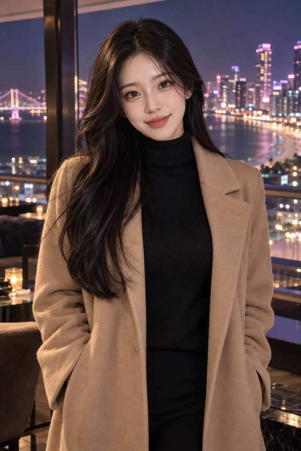 해운대쩜오 분위기를 담은 코트 차림의 여성 사진